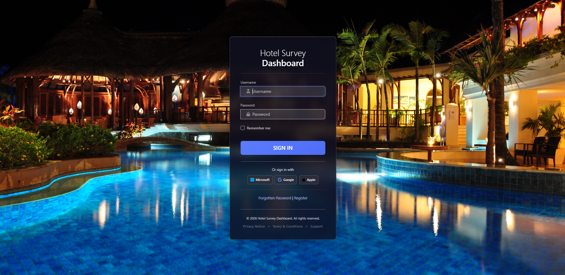 Branded hotel survey dashboard login screen showing custom imagery and SSO integration
